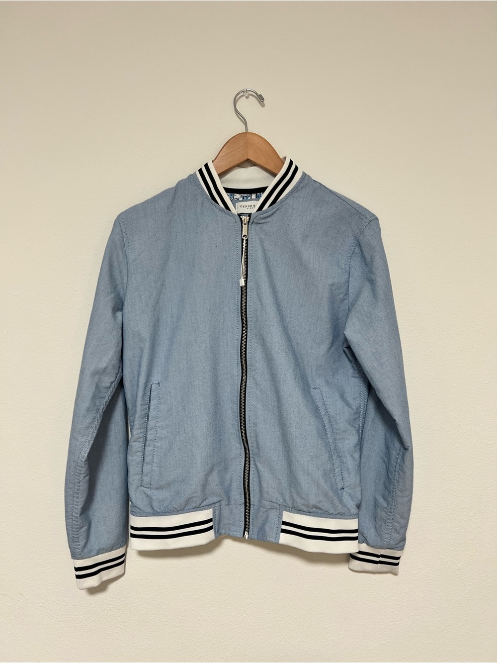 Denim & Flower Light Blue Bomber with Striped Rib Trim